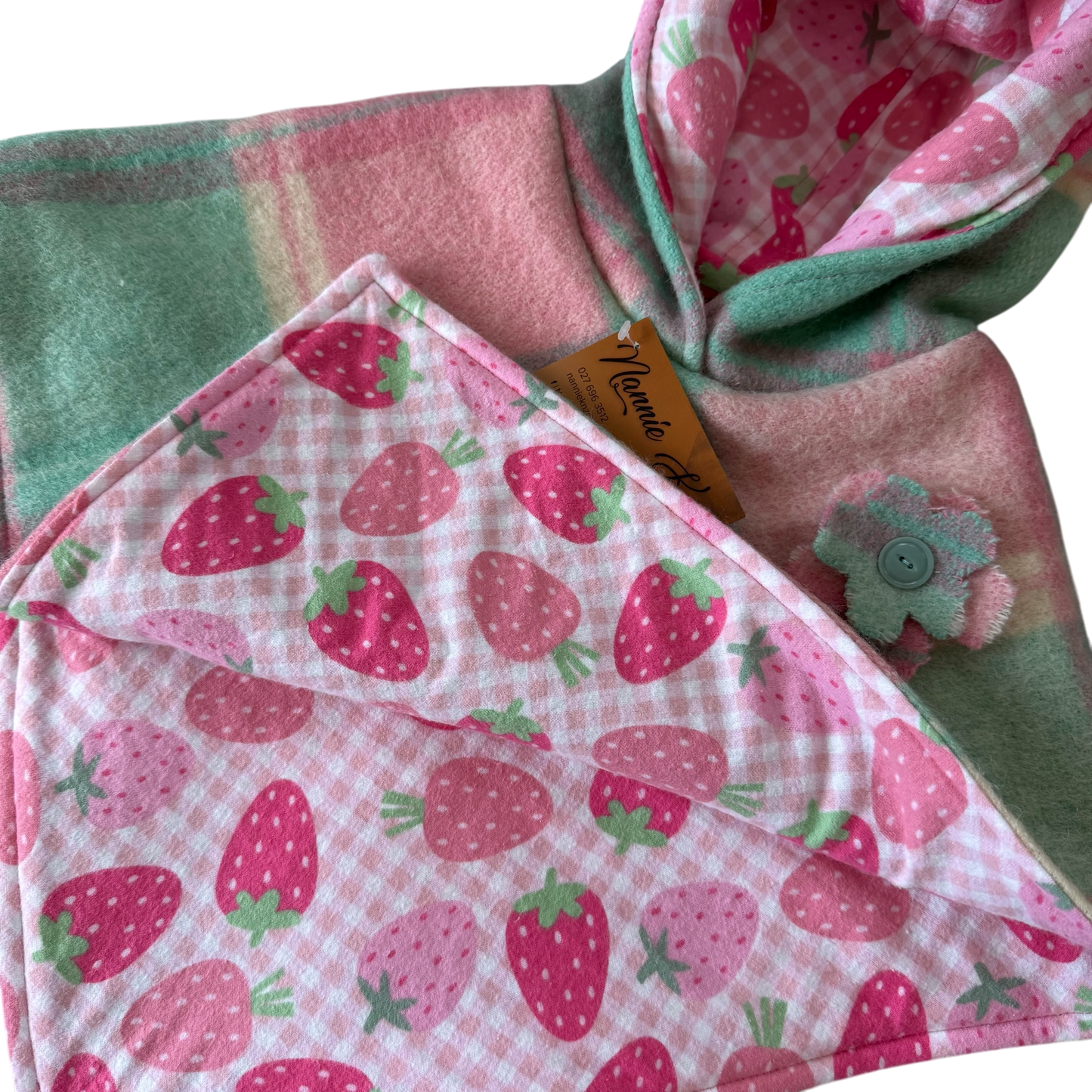 Woollen Poncho Mint Green & Pink with Large Strawberries