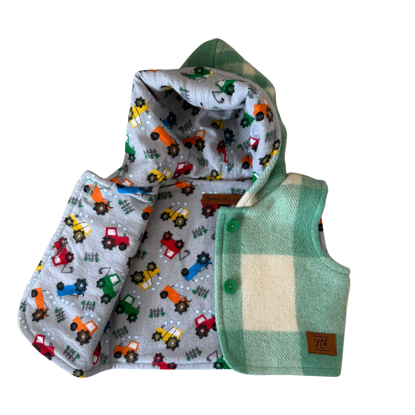 Woollen Baby Vest Green Check with Tractors