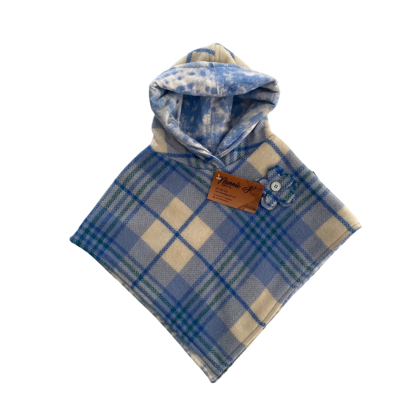 Woollen Poncho Blue, Cream and Green with Marble Blue Lining