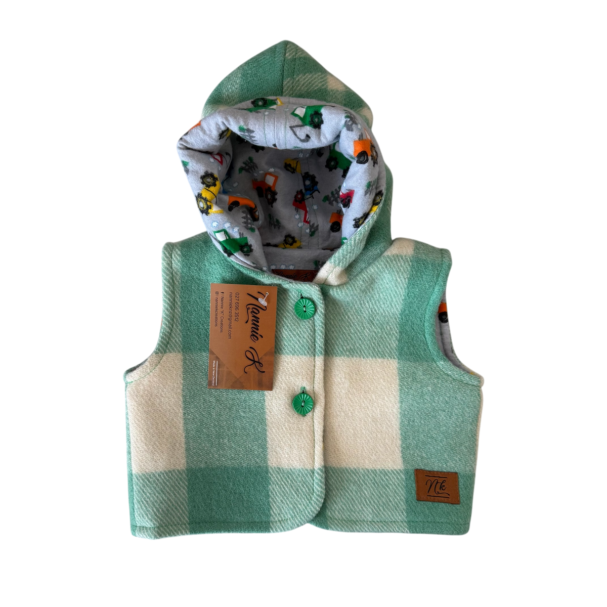 Woollen Baby Vest Green Check with Tractors