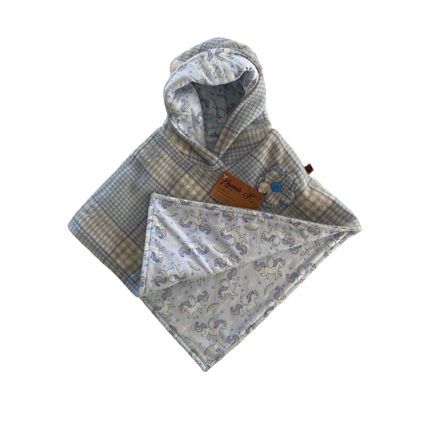 Woollen Poncho Blue, White and Grey with Unicorn Lining