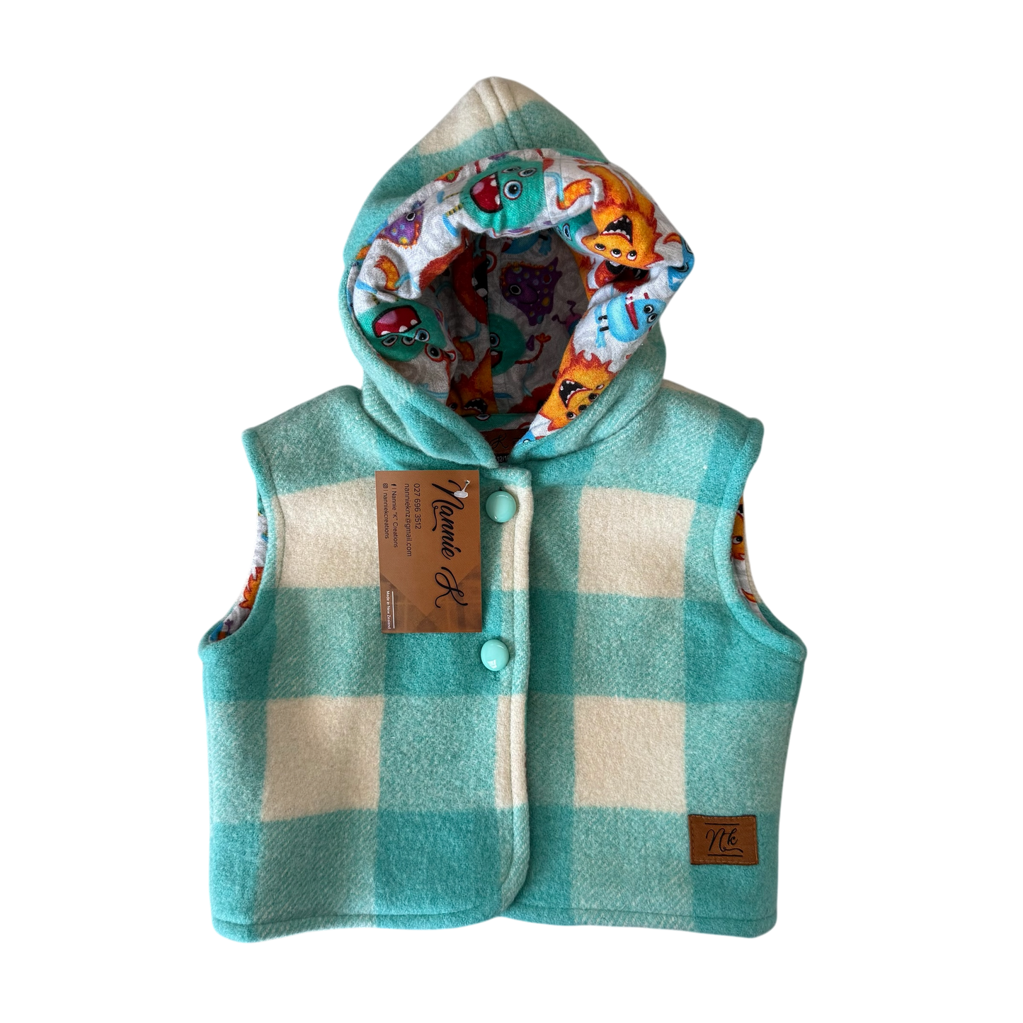 Woollen Baby Vest Teal and White Check with Monsters