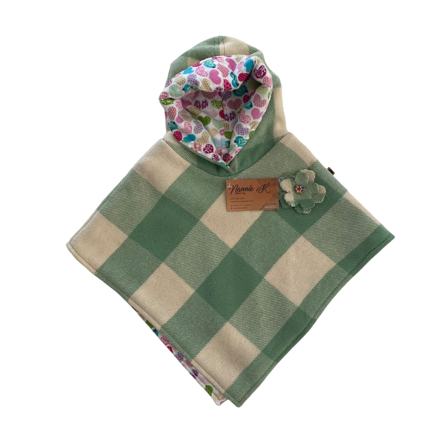 Woollen Poncho Green and Cream with Colourful Heart Lining