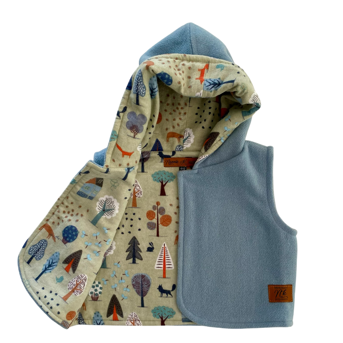 Woollen Baby Vest Blue with Green Tree Lining