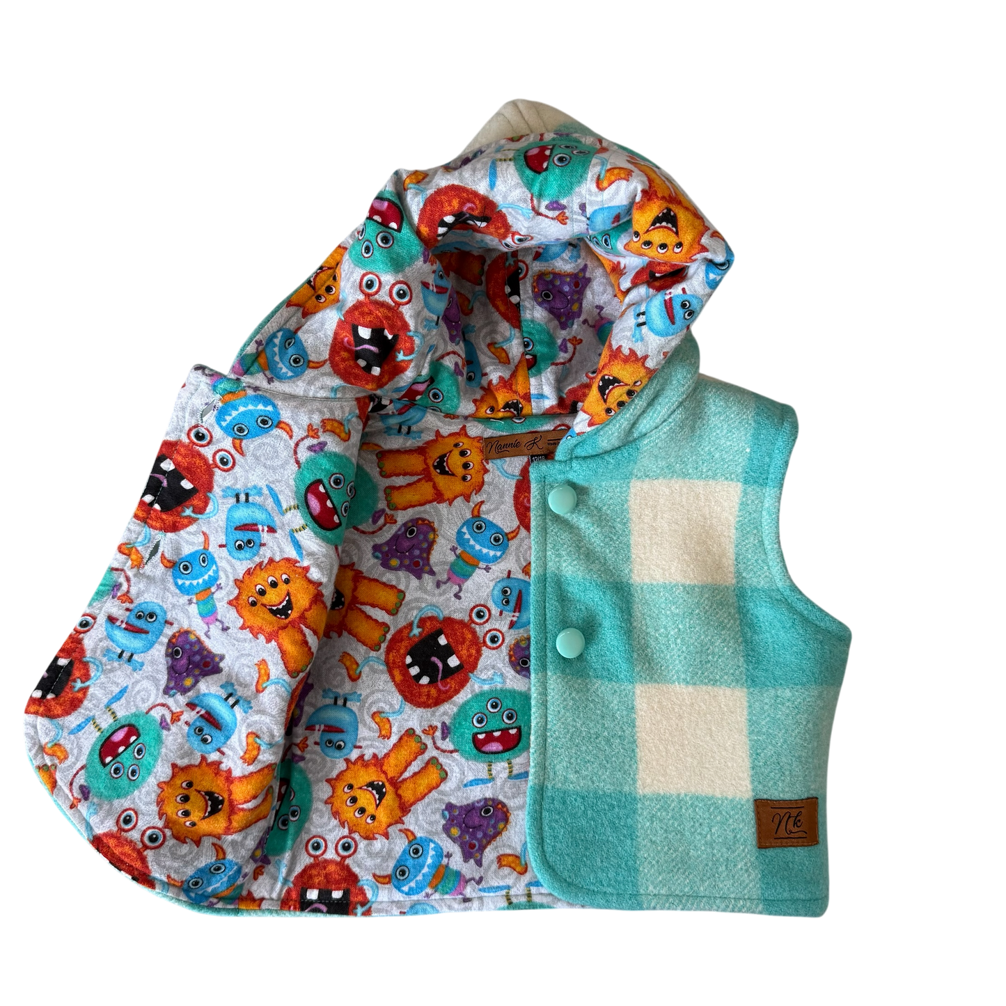 Woollen Baby Vest Teal and White Check with Monsters