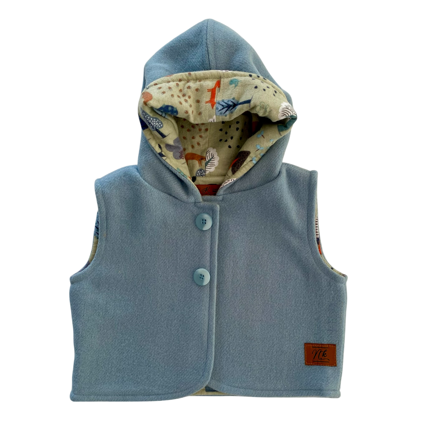 Woollen Baby Vest Blue with Green Tree Lining