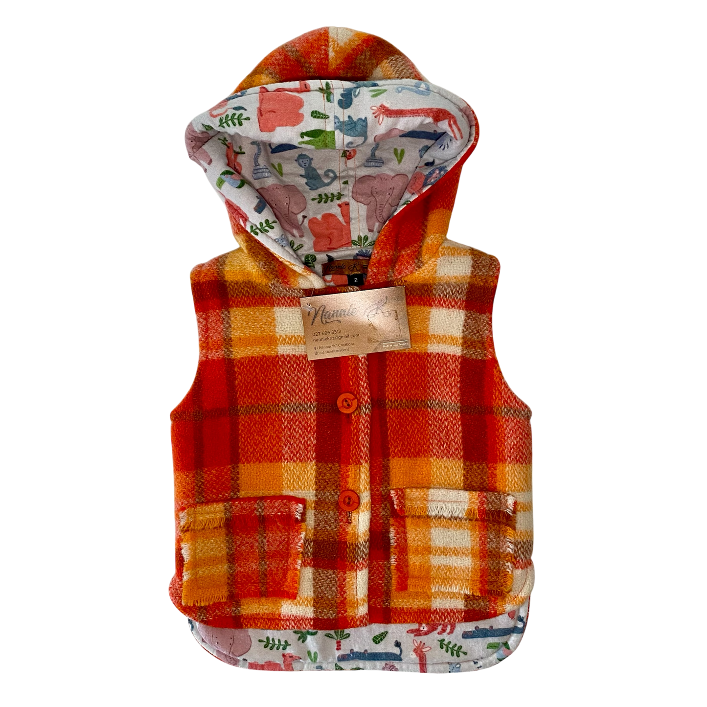 Woollen Vest Orange with Grey Safari Lining