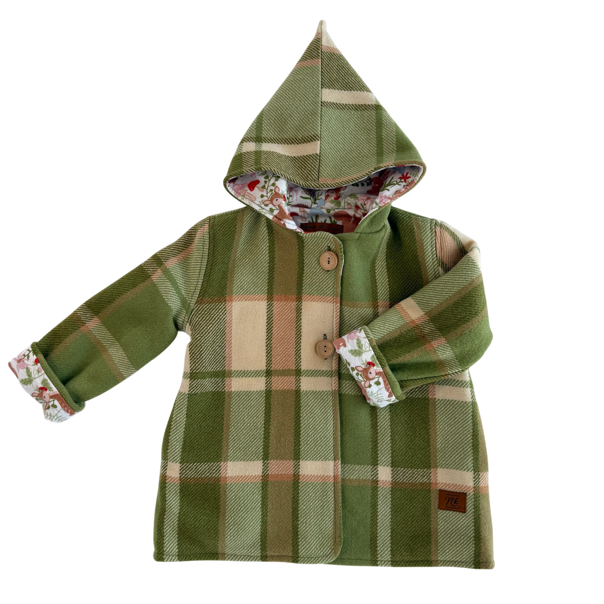 Woollen Maggie Coat Green, Tan & Cream with Forest Animals