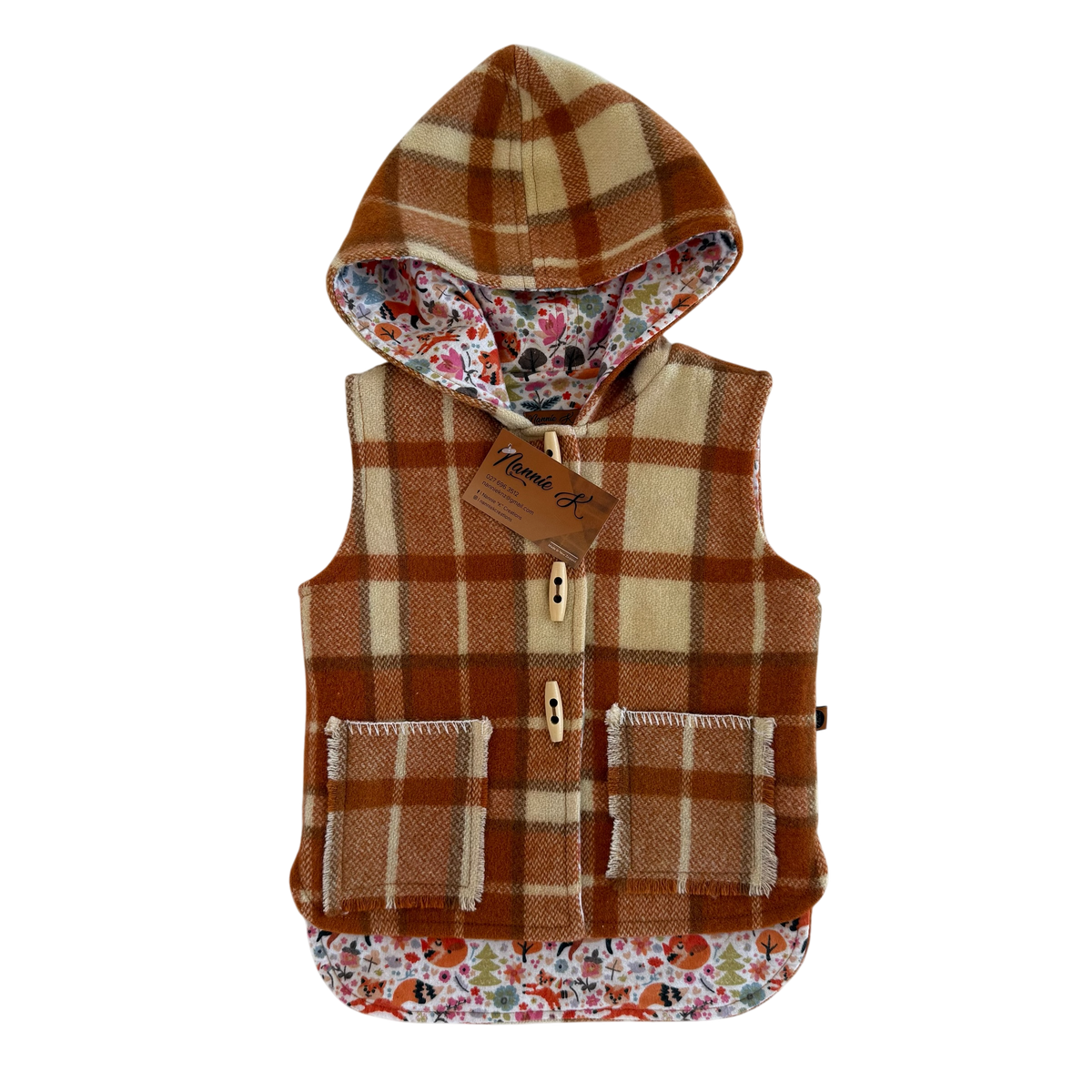Woollen Vest Warm Rust & Cream Check with Foxes
