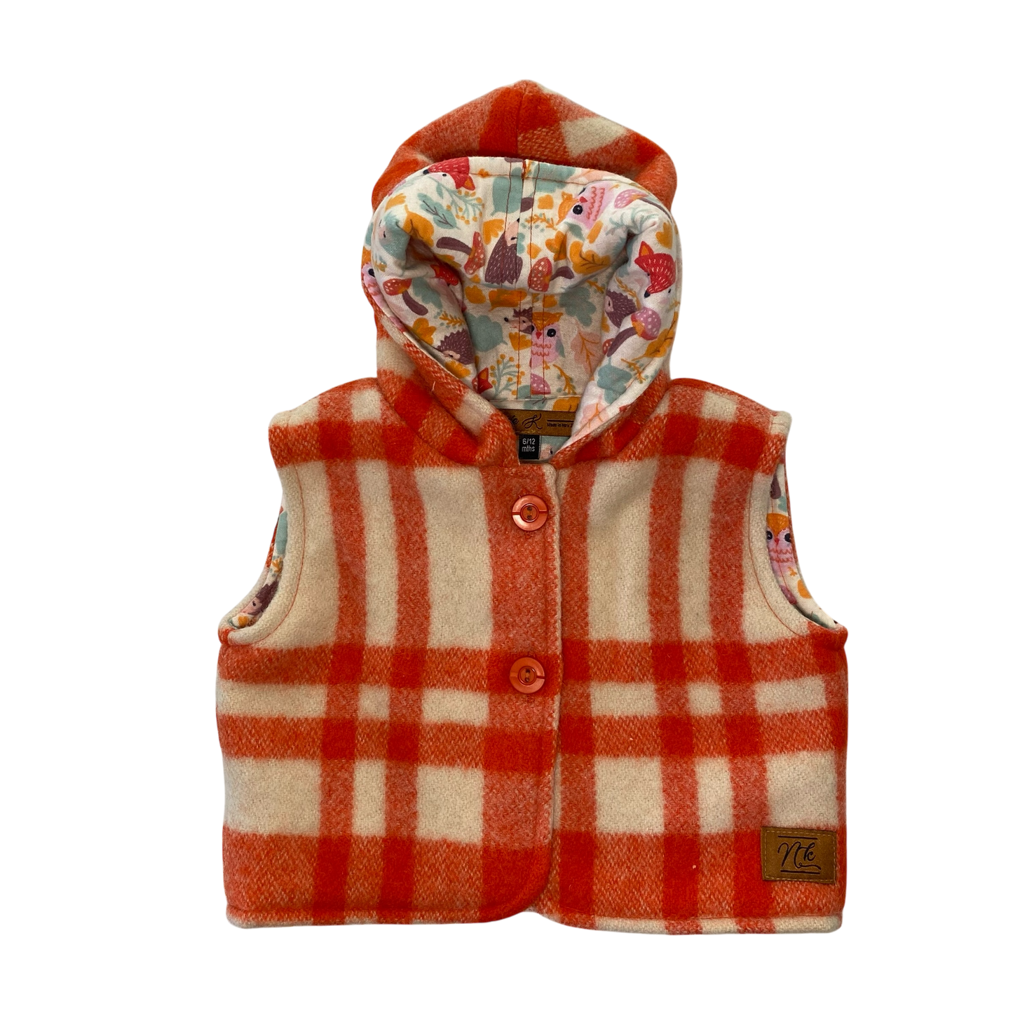 Woollen Baby Vest Orange/Cream with Woodland Animals
