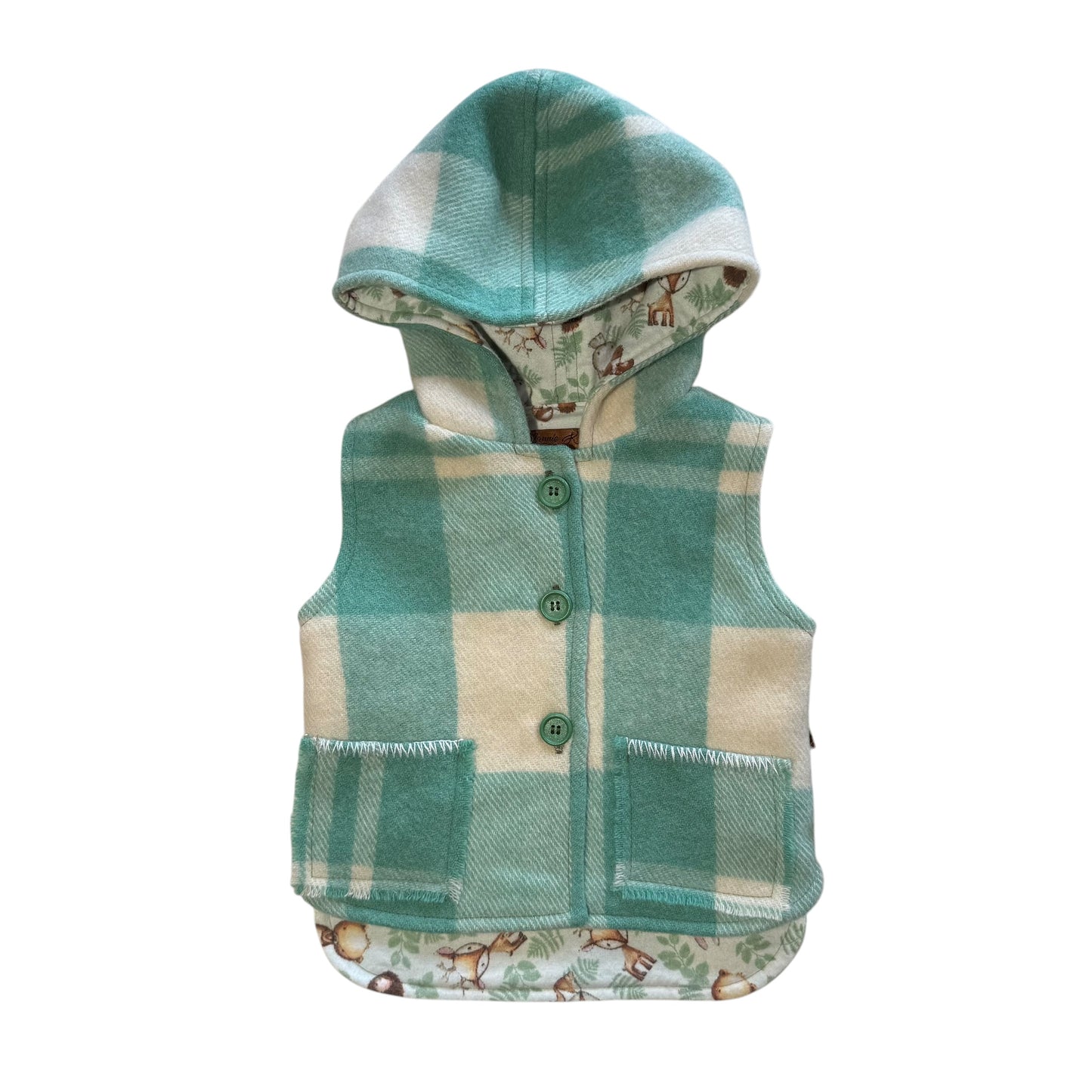 Woollen Vest Green & Cream Check with Forest Friends