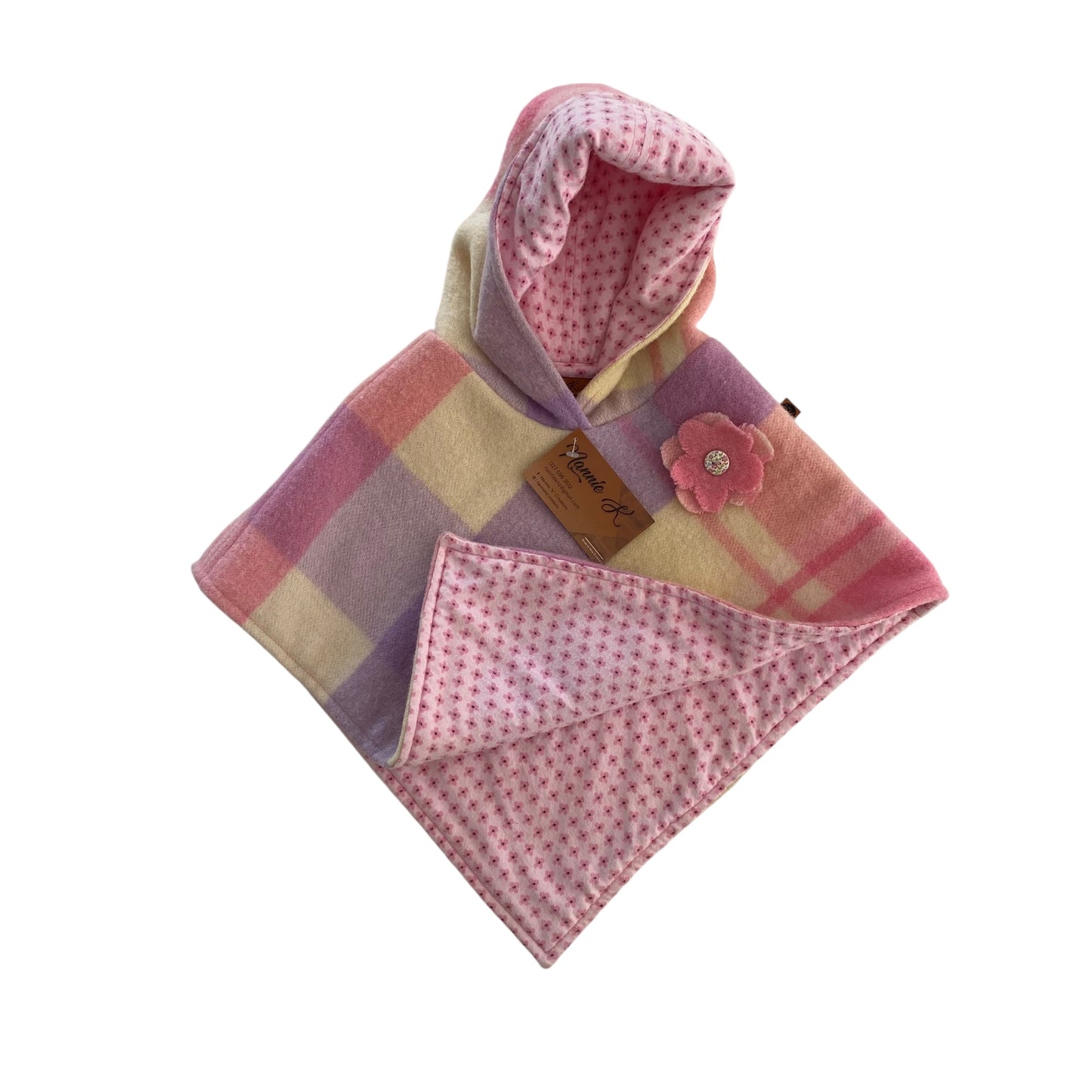 Woollen Poncho Pink, Purple and Cream with Small Pink Floral Lining