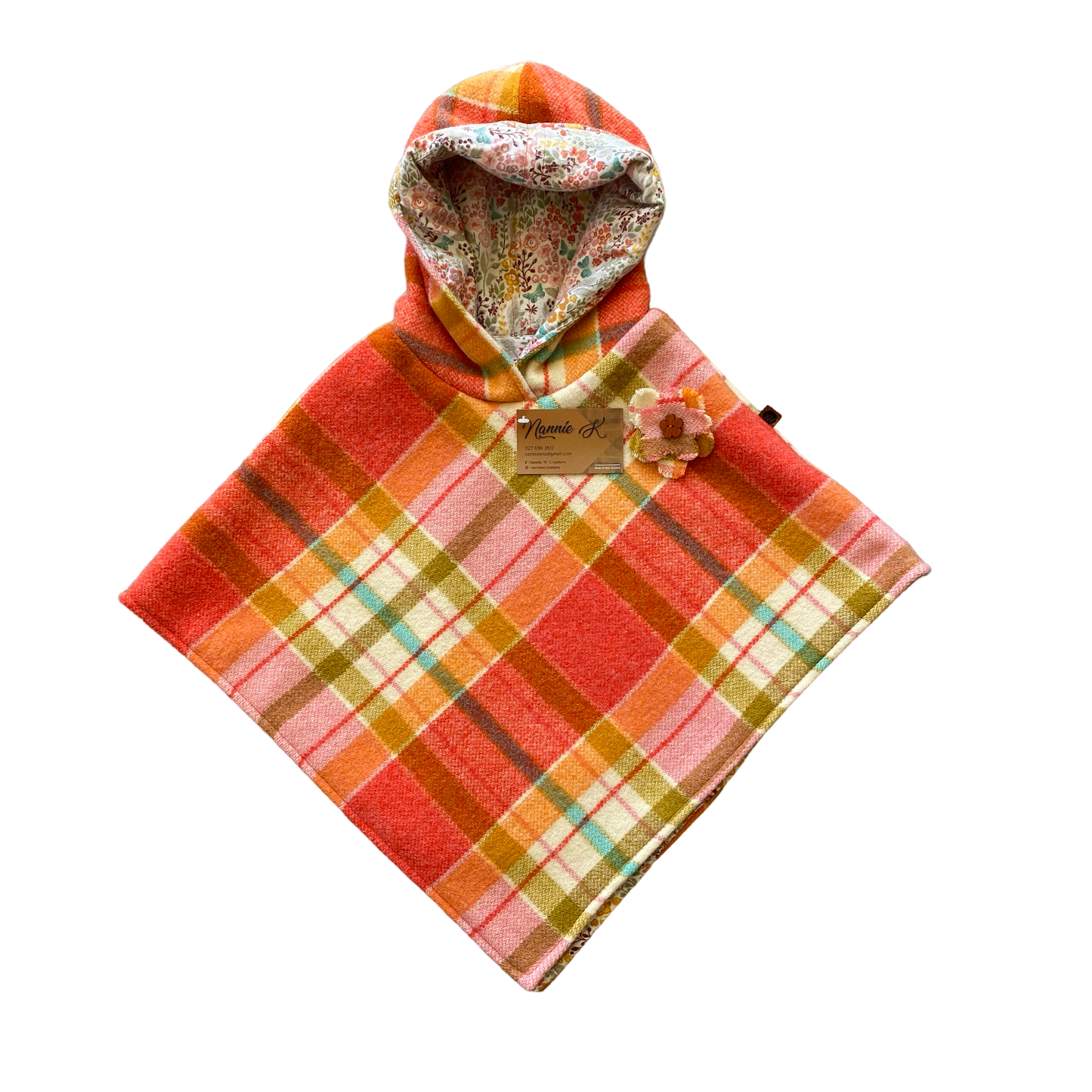 Woollen Poncho Orange with Flowers