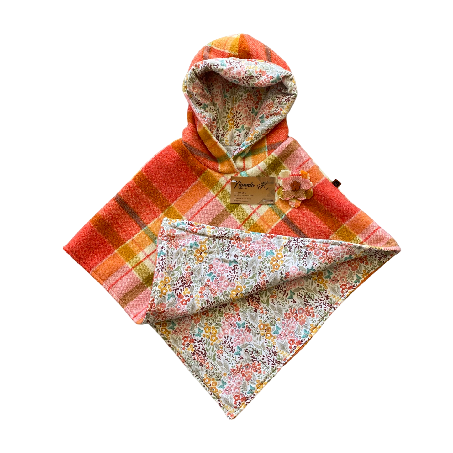 Woollen Poncho Orange with Flowers