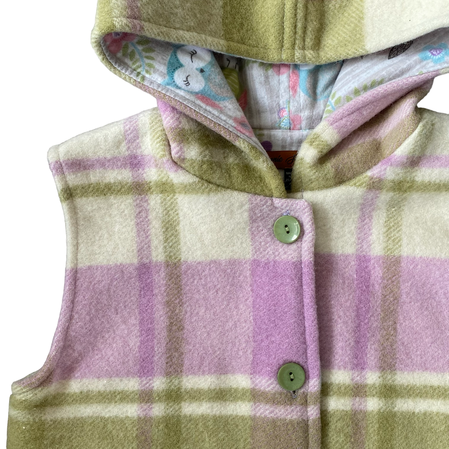 Woollen Vest Mauve and Green with Owls