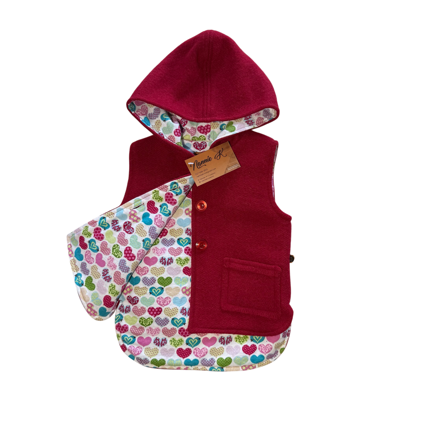 Woollen Vest Red with Colourful Love Hearts