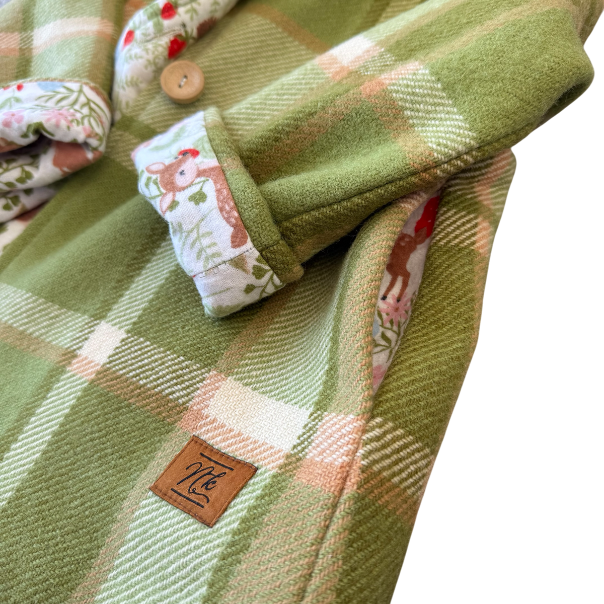 Woollen Maggie Coat Green, Tan & Cream with Forest Animals