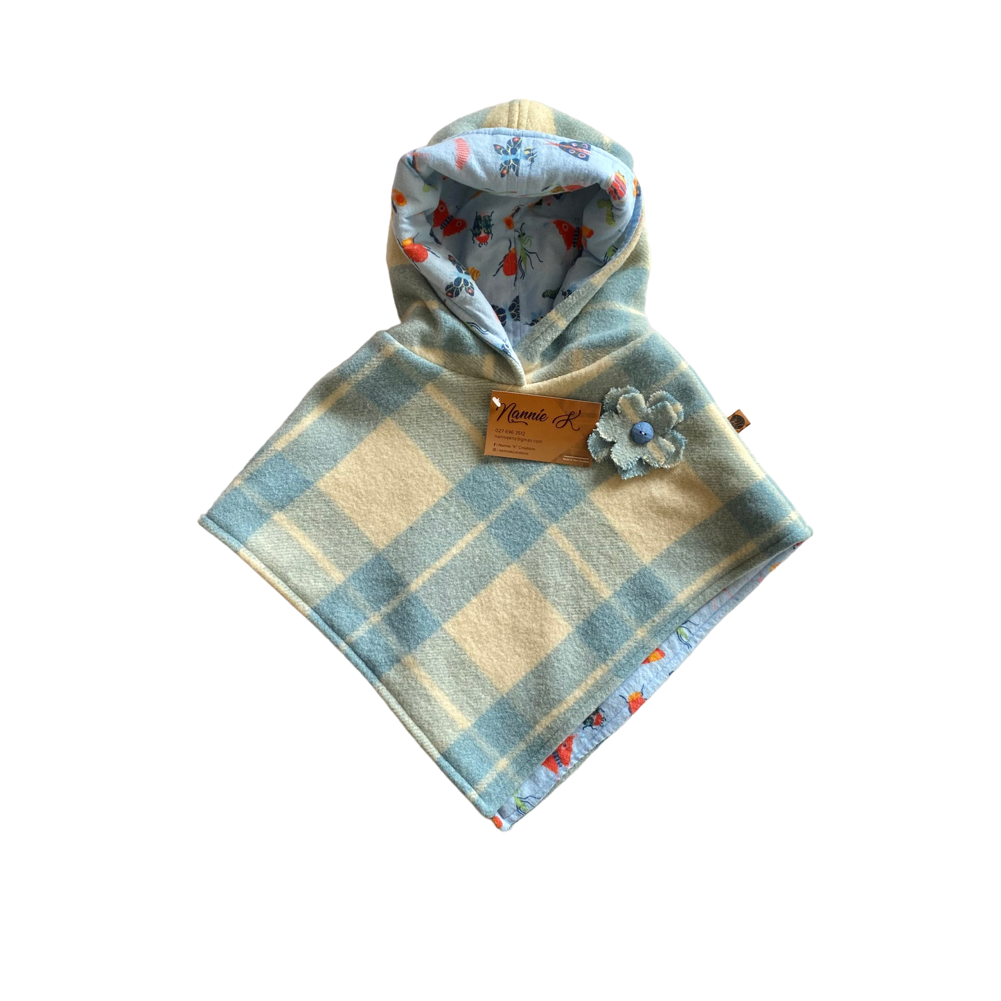 Woollen Poncho Blue Check with Bugs