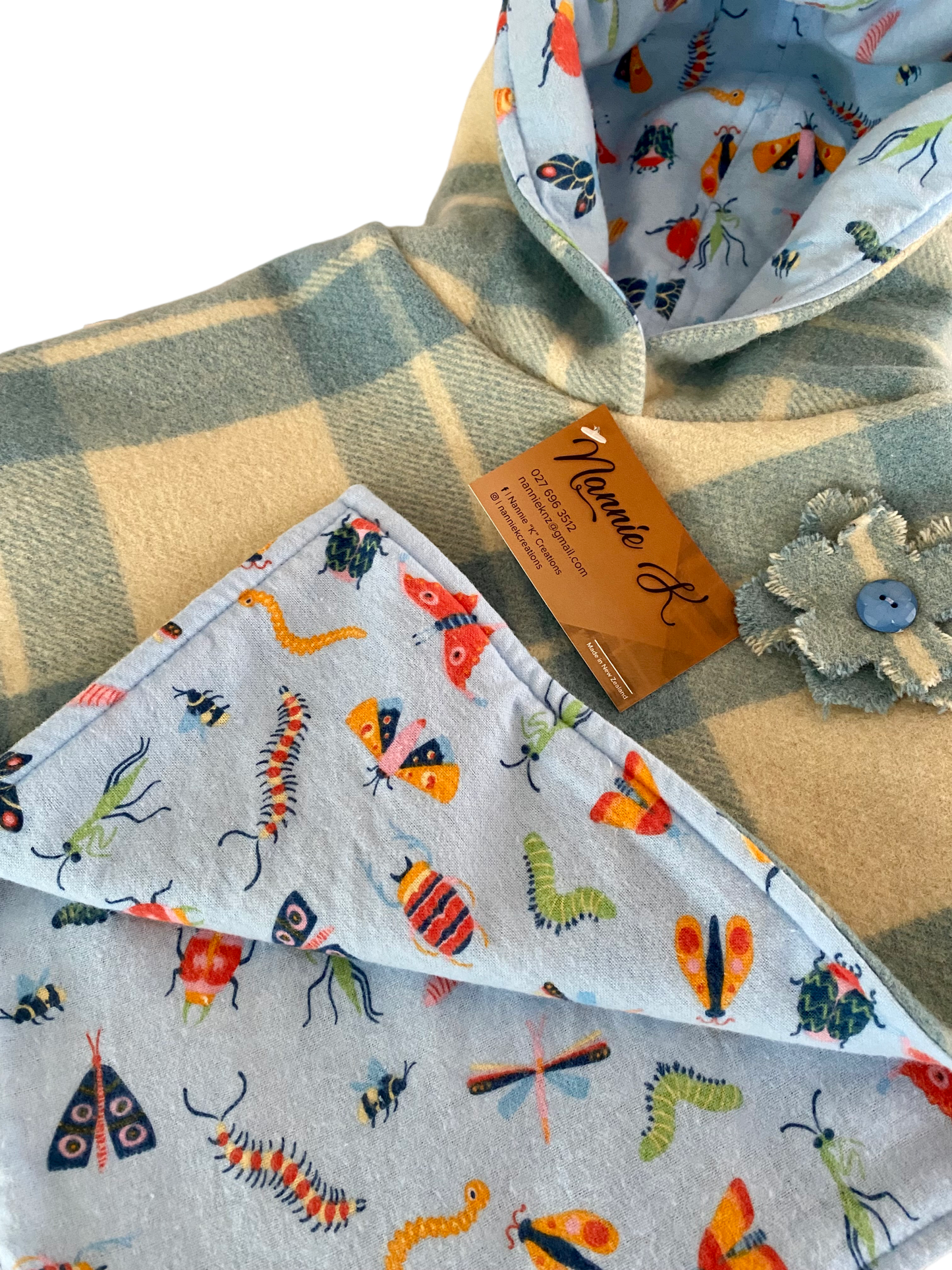 Woollen Poncho Blue Check with Bugs