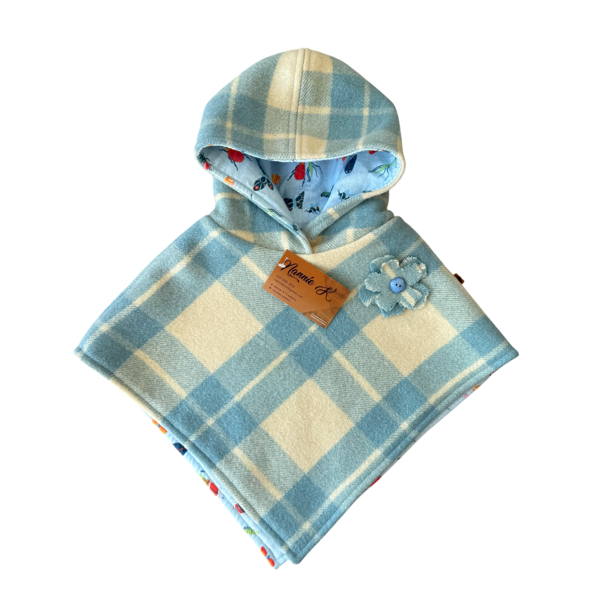 Woollen Poncho Blue & Cream with Bugs
