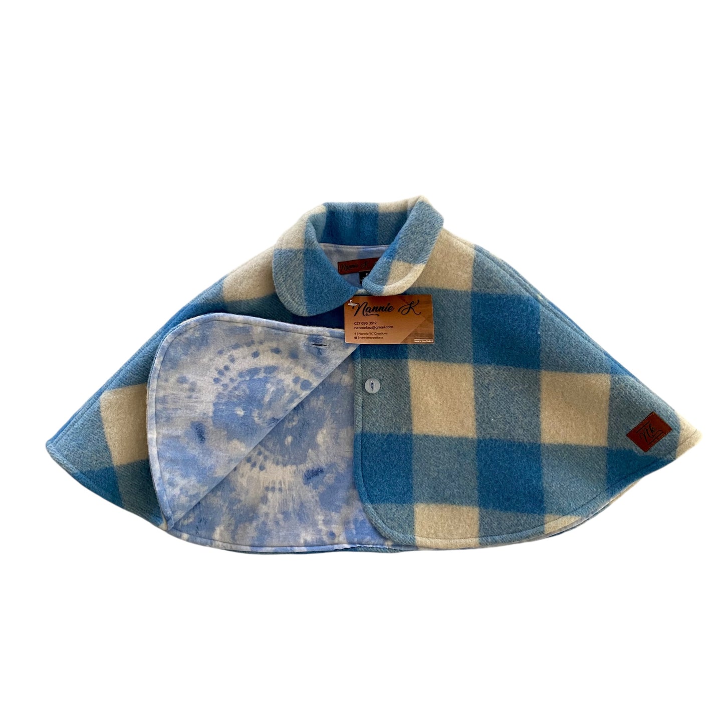 Woollen Cape Blue and Cream Check with Blue Marble Lining