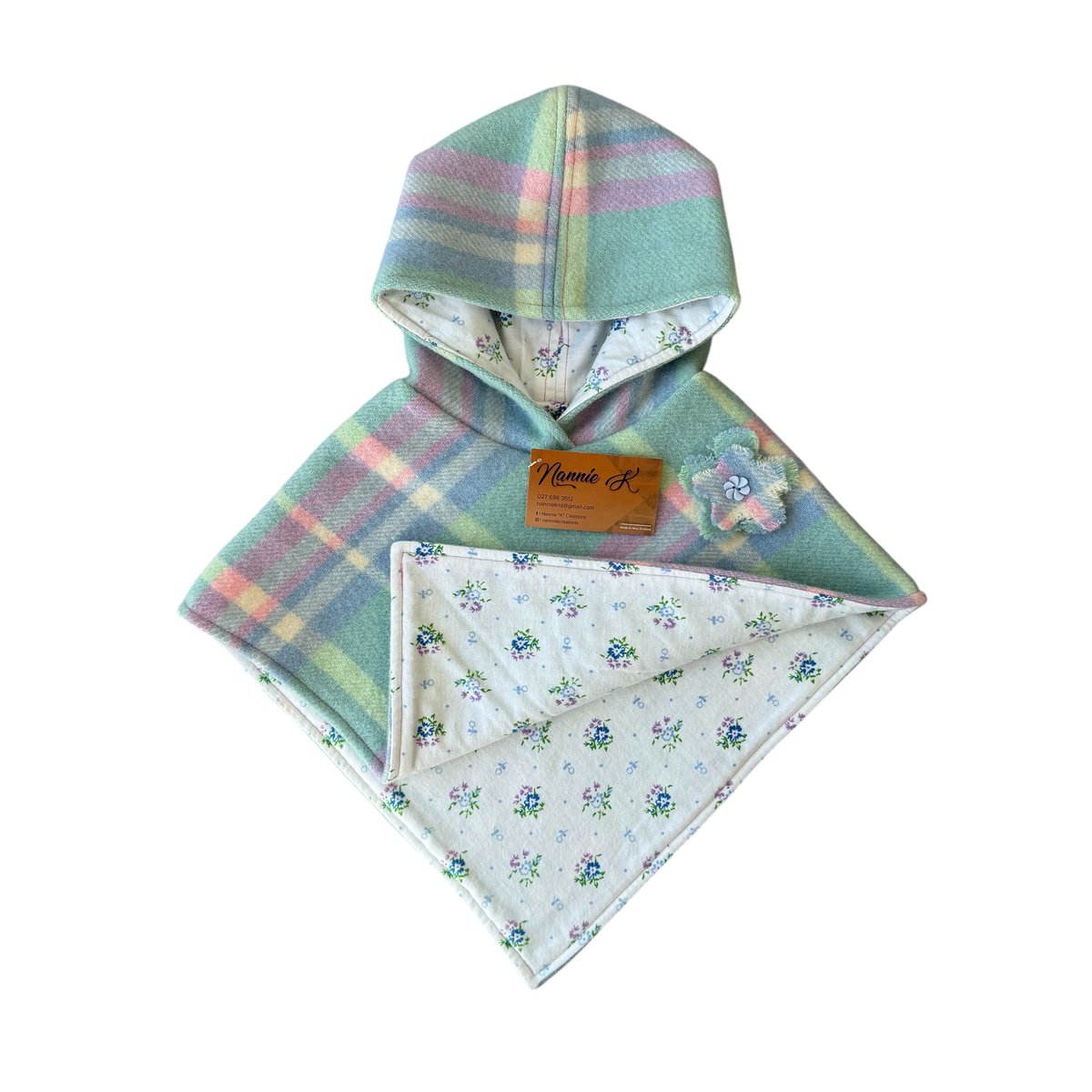 Woollen Poncho Green, Pink & Blue with Small Flowers