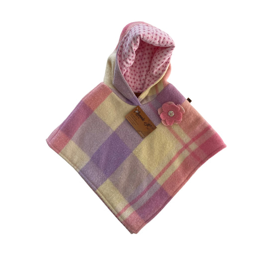 Woollen Poncho Pink, Purple and Cream with Small Pink Floral Lining