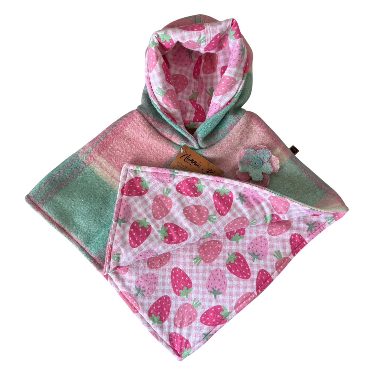 Woollen Poncho Mint Green & Pink with Large Strawberries