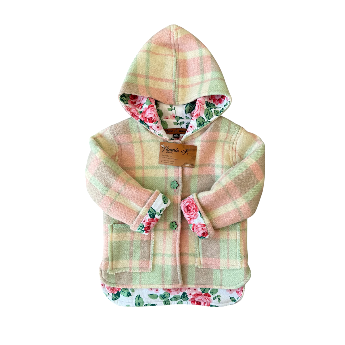 Woollen Jacket Green, Pink & Cream Check with Roses