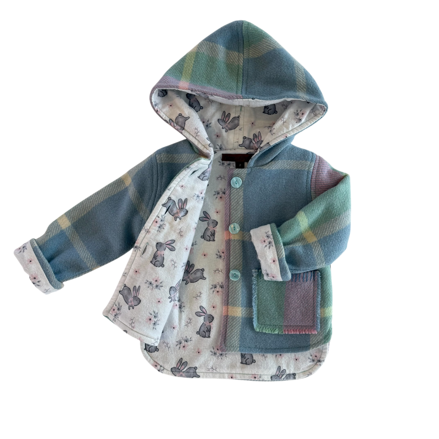 Woollen Jacket Blue, Green & Pink with Cute Grey Bunnies