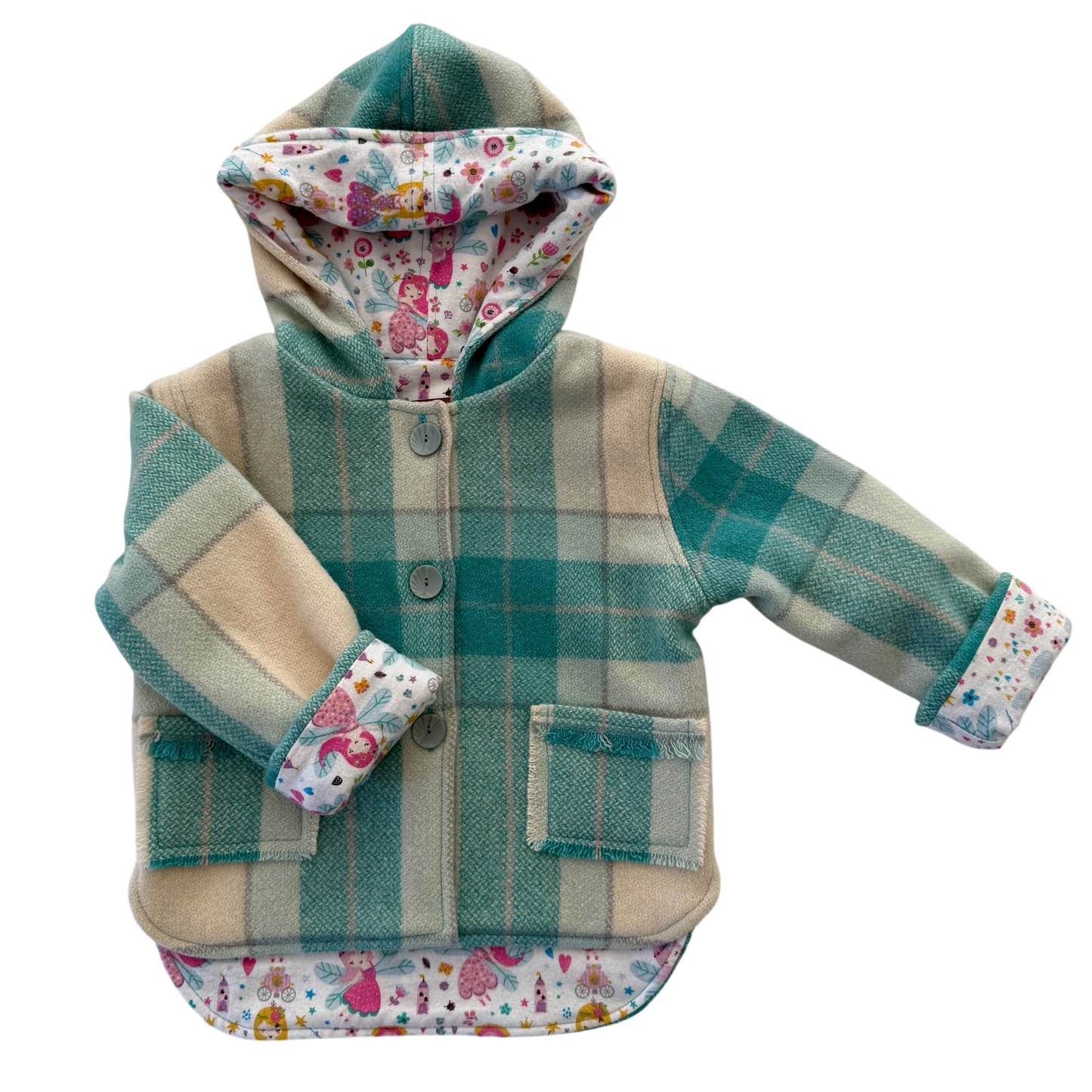 Woollen Jacket Aqua/Cream Check with Fairies