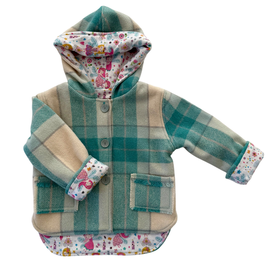 Woollen Jacket Aqua/Cream Check with Fairies