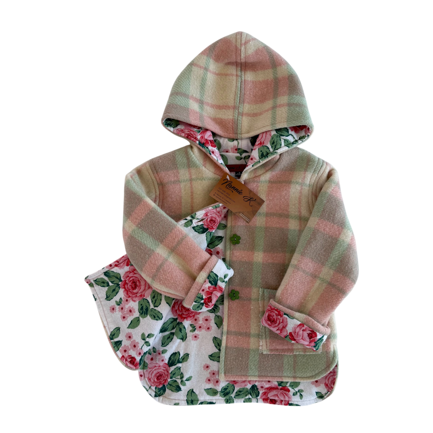 Woollen Jacket Green, Pink & Cream Check with Roses