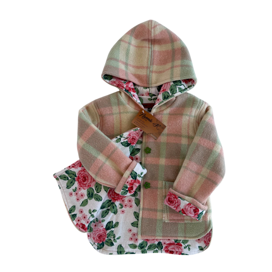 Woollen Jacket Green, Pink & Cream Check with Roses