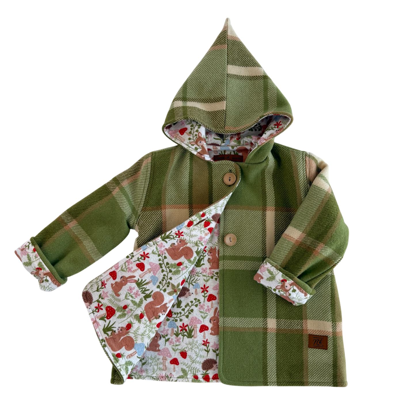 Woollen Maggie Coat Green, Tan & Cream with Forest Animals