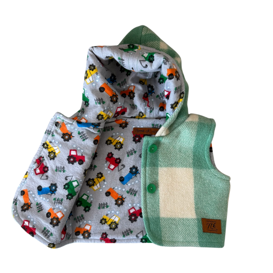 Woollen Baby Vest Green Check with Tractors