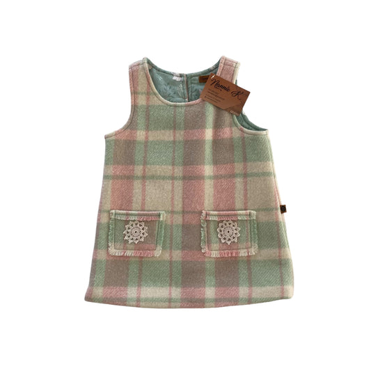 Woollen Pinafore Pink, Green and Cream with Green Bunny Lining