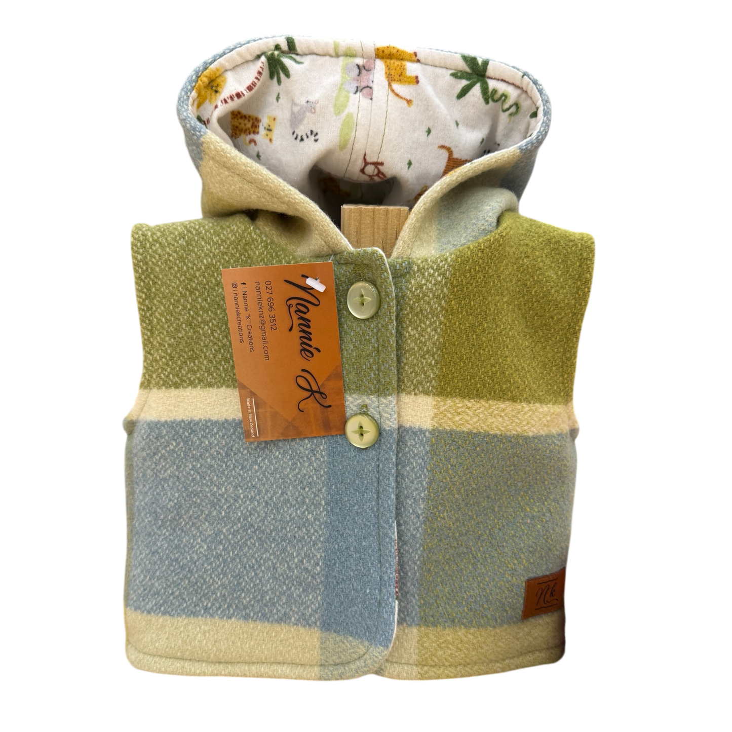 Woollen Baby Vest Olive Green & Dusty Blue with Safari