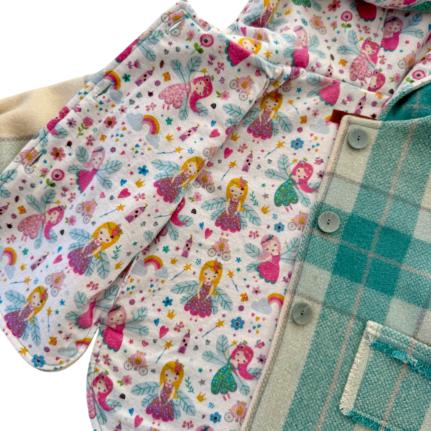 Woollen Jacket Aqua/Cream Check with Fairies
