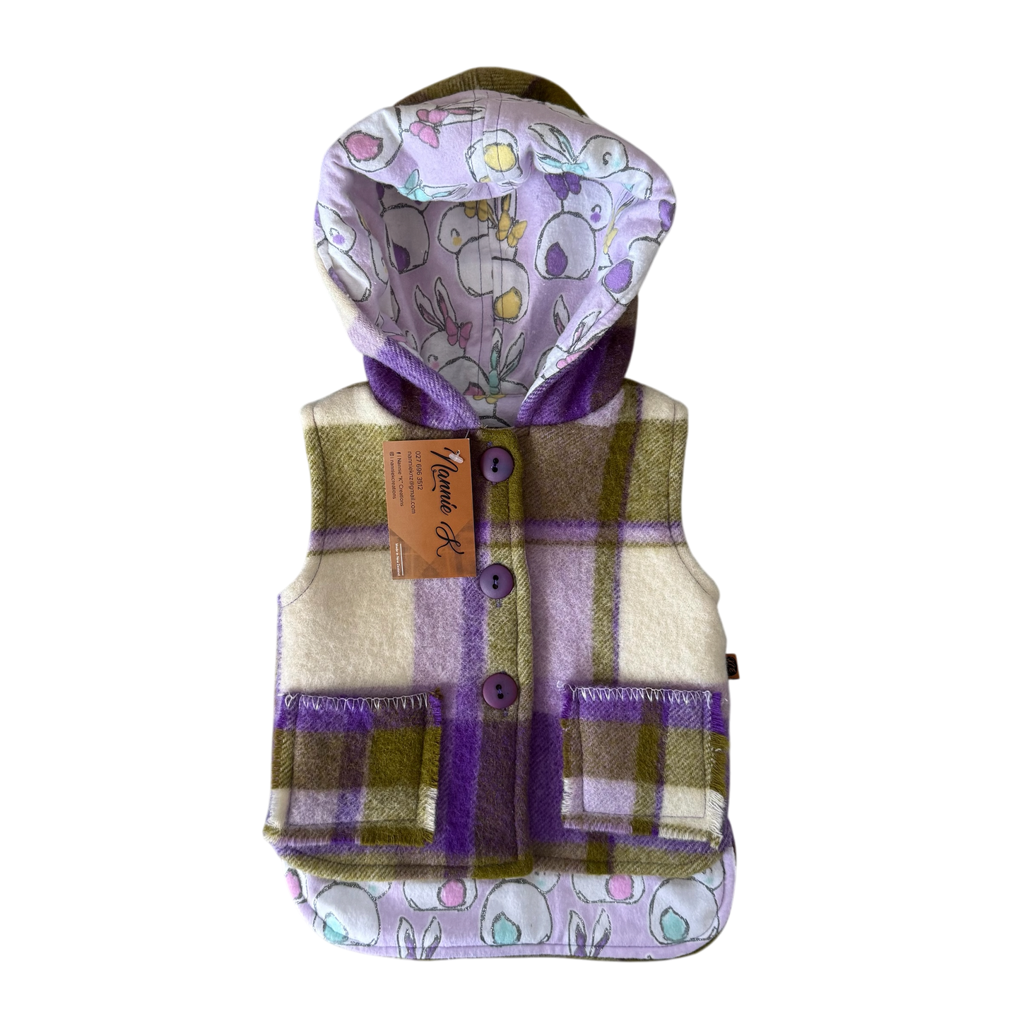 Woollen Vest Purple, Olive Green & Cream Plaid with Bunnies