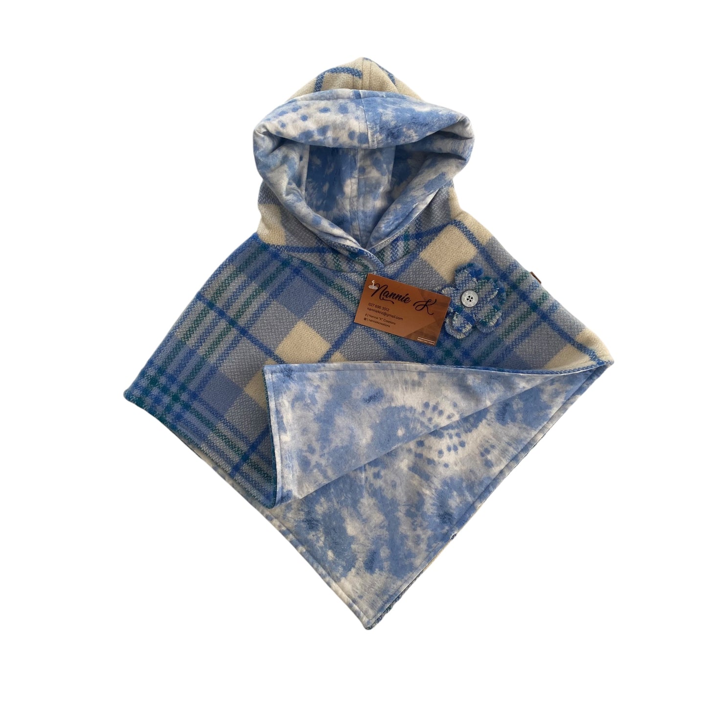 Woollen Poncho Blue, Cream and Green with Marble Blue Lining