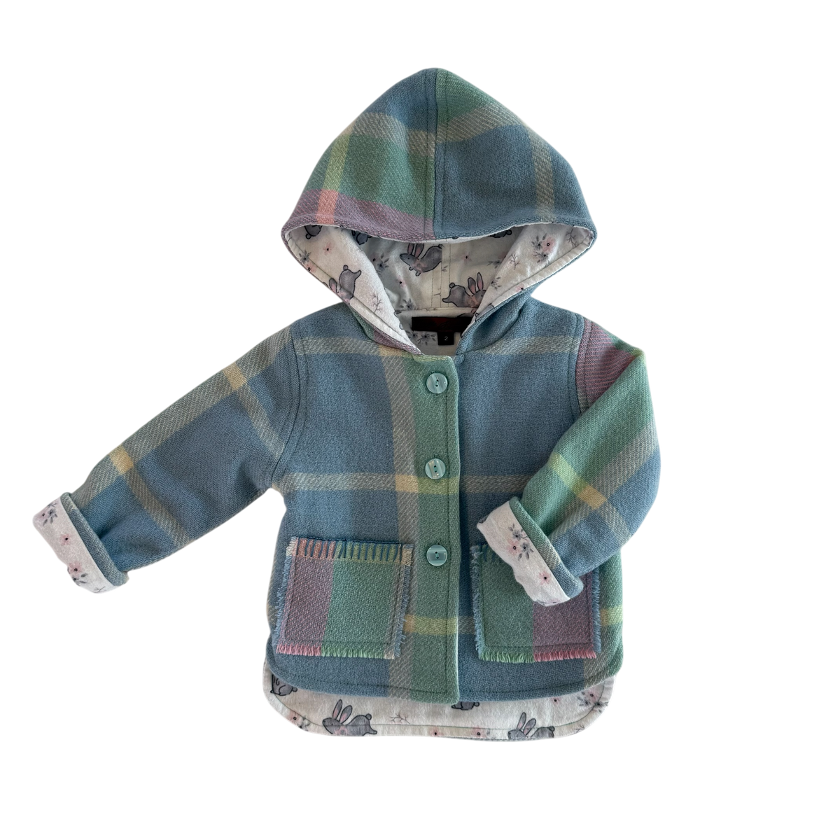 Woollen Jacket Blue, Green & Pink with Cute Grey Bunnies