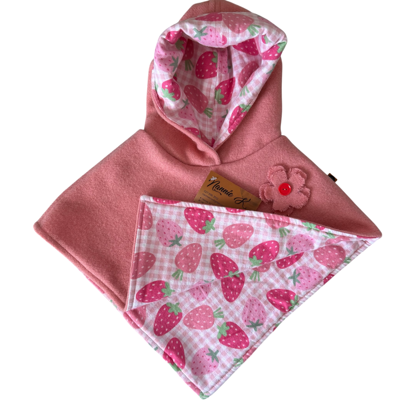 Woollen Poncho Pink with Large Strawberries