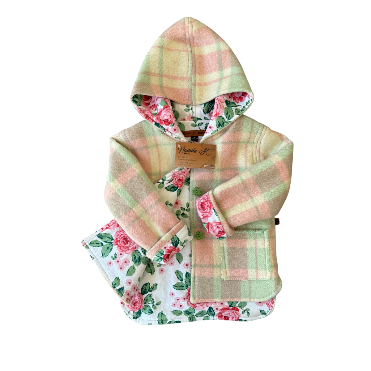 Woollen Jacket Green, Pink & Cream Check with Roses