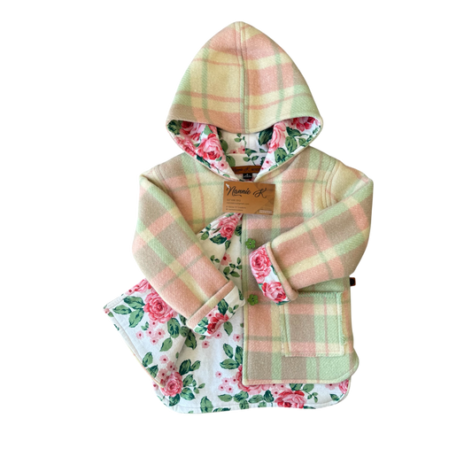 Woollen Jacket Green, Pink & Cream Check with Roses
