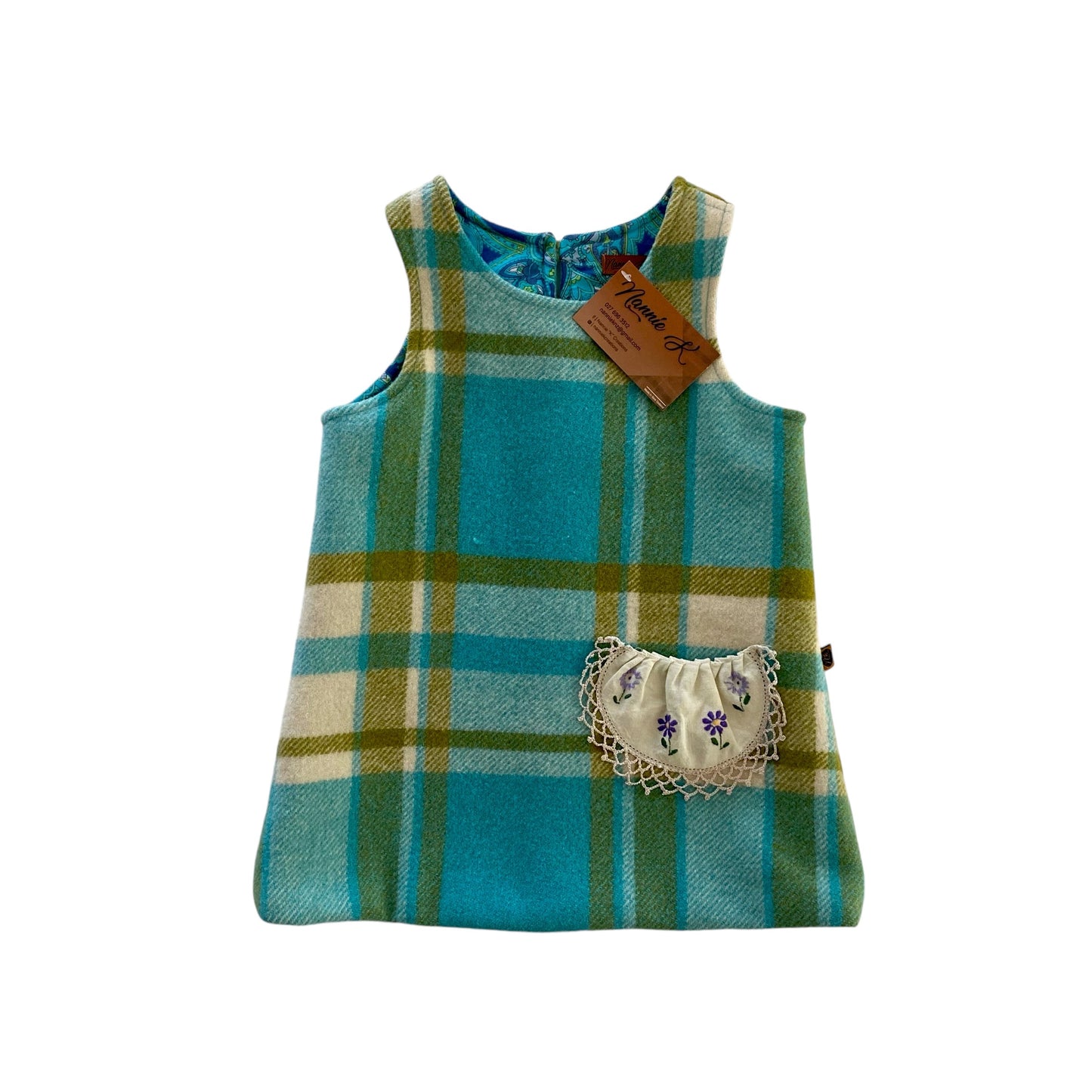 Woollen Pinafore, Blue, Gold and Cream with paisley lining.