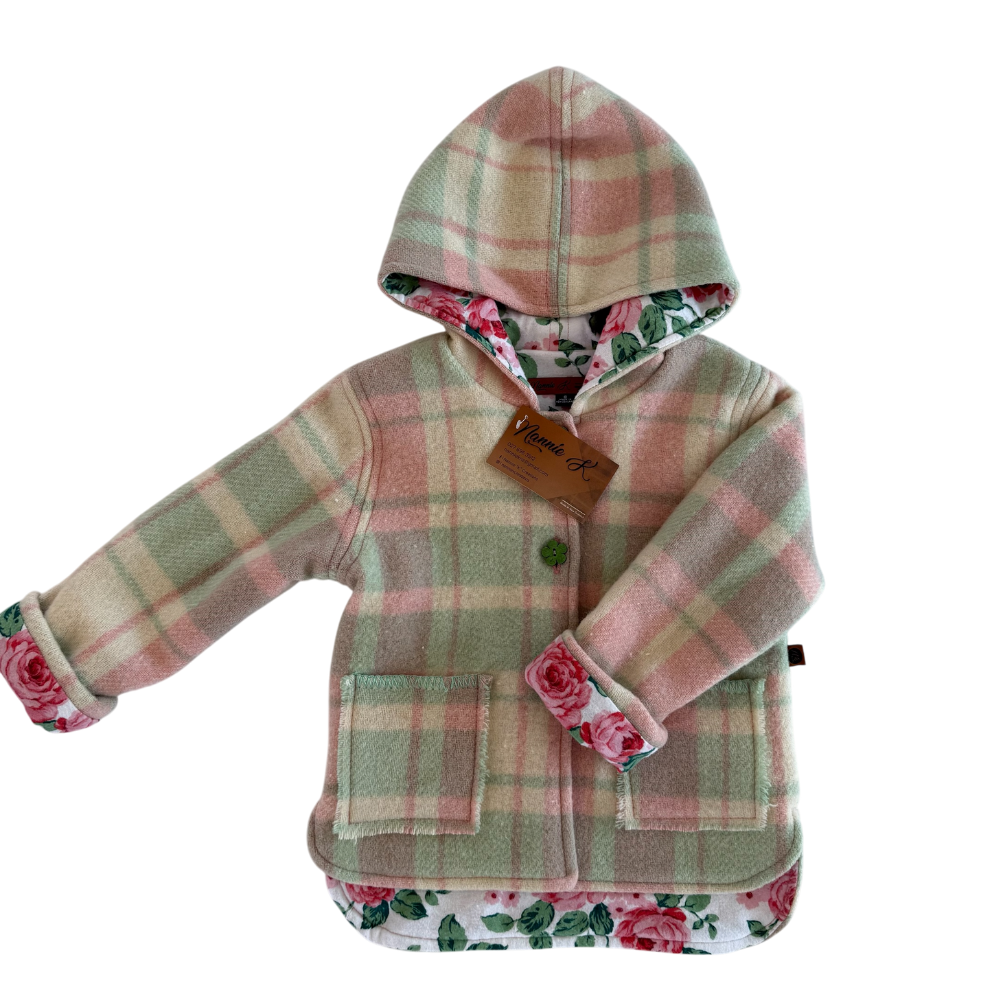 Woollen Jacket Green, Pink & Cream Check with Roses