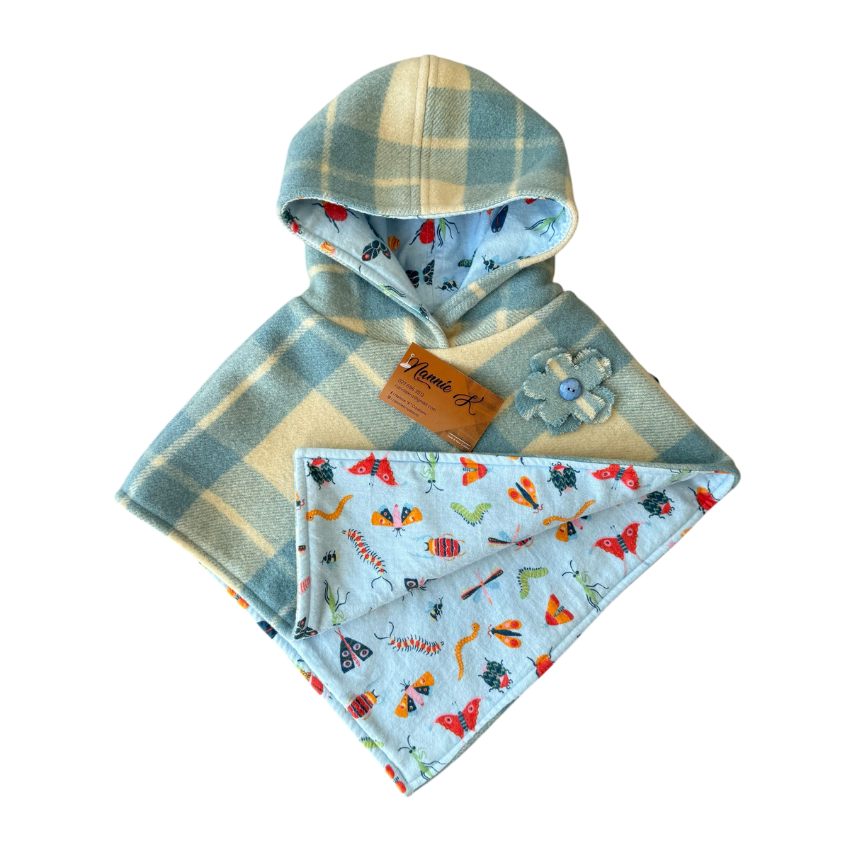 Woollen Poncho Blue & Cream with Bugs