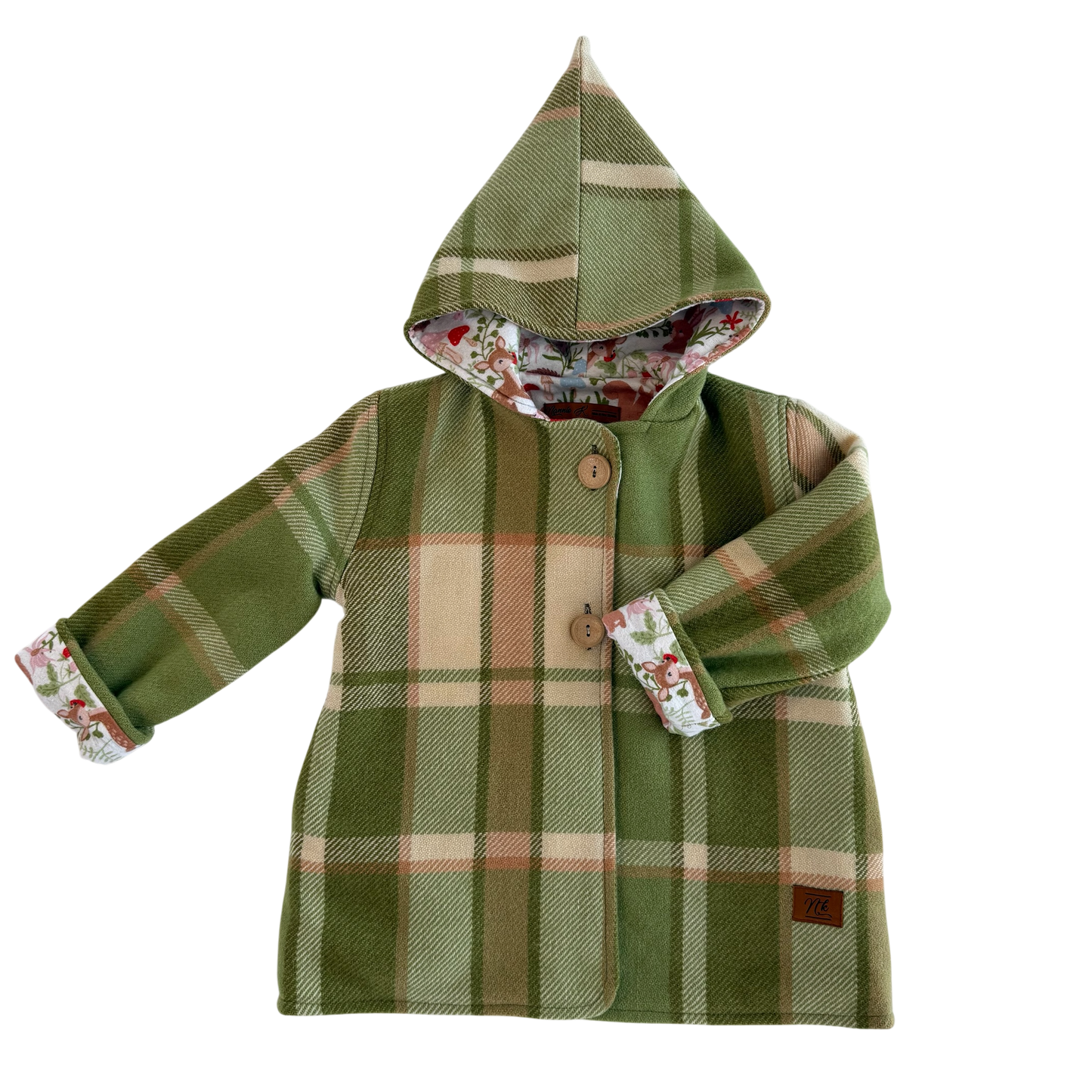 Woollen Maggie Coat Green, Tan & Cream with Forest Animals