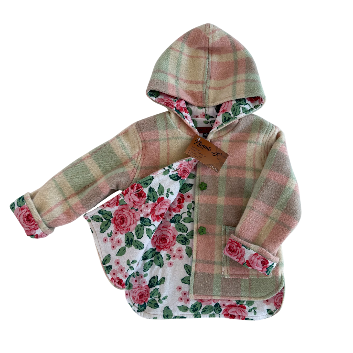 Woollen Jacket Green, Pink & Cream Check with Roses